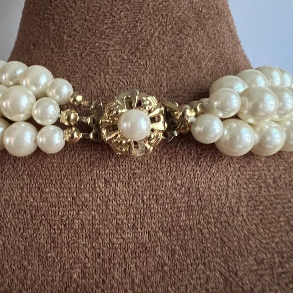 Vintage 3 Strand Faux Pearl Rhinestone Black Cabochon Necklace 18 Inch Old Money